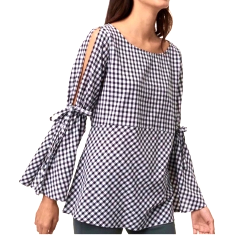 Loft Black and White Gingham Split Sleeve Top